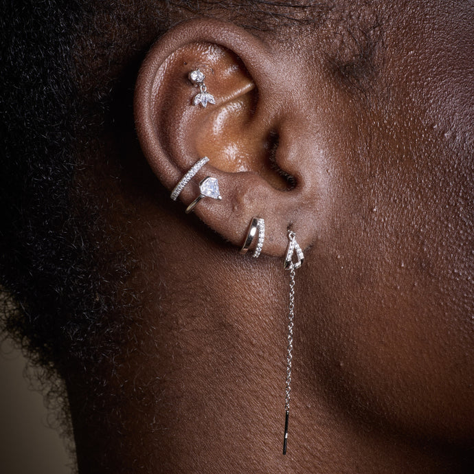 Silver Princess Flat Back Labret Stud Earring Worn in the Upper Ear Cartilage Piercing