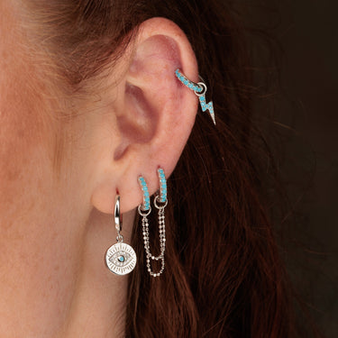 Silver turquoise ear stack with charm hoops and double huggie earring