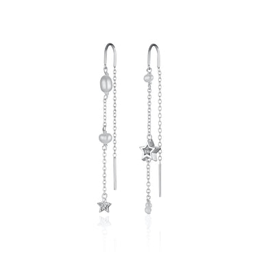 Pair of Silver Pearl and Star Threader Earrings by Scream Pretty