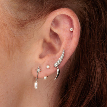 Silver Pearl Ear Climber with Claw Drop in Upper Ear Lobe Piercing with Pearl Earrings