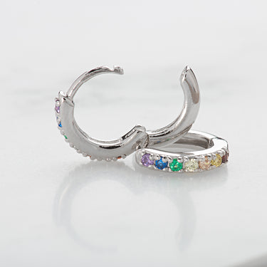 Silver Huggie Earrings with Rainbow Stones Open and Closed