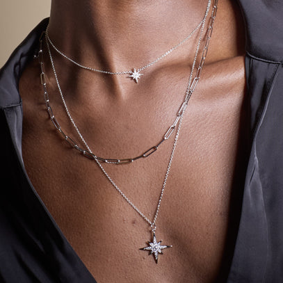 Silver Starburst Necklaces with Long Link Chain