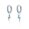 Pair of silver lightning bolt charm hoop earrings with turquoise nano stones