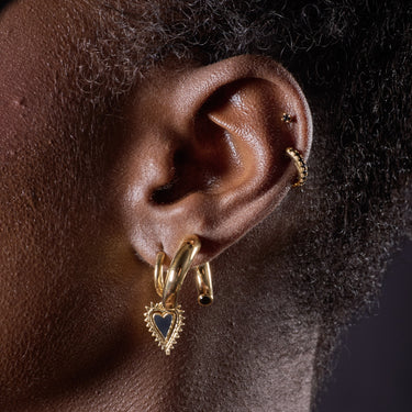 Gold Open Hoop Single Earring with Black Stones in Second Ear Lobe Piercing