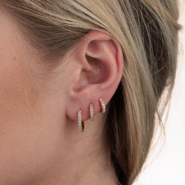 Gold Hoop Earring Set with Clear Stones in 3-Piercings in the Upper & Lower Earlobe