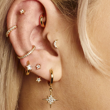 Sparkling Moon Gold Flat Back Stud Earring in Tragus Piercing