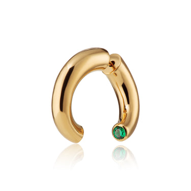 Gold Single Chunky Split Hoop Earring with Green Cubic Zirconia Stones