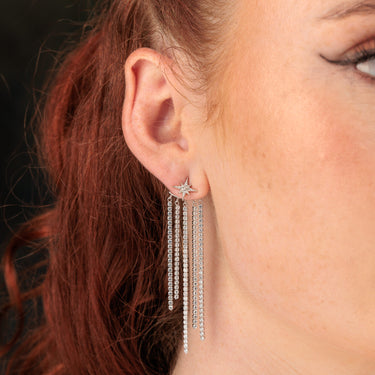 Model Wearing Silver Starburst Fringe Stud Earrings