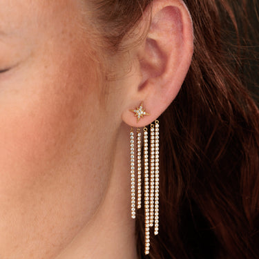 Model Wearing Gold Starburst Fringe Stud Earrings