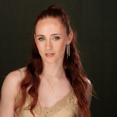 Model Wearing Gold Starburst Fringe Stud Earrings