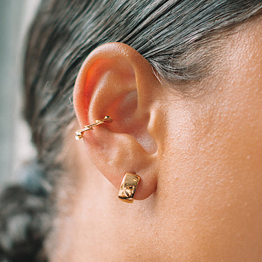 Super Chunky Gold Huggie Earrings with Lightning Bolt Ear Cuff