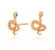 Gold Snake Stud Earrings with Green Stones | Serpent Shaped Studs