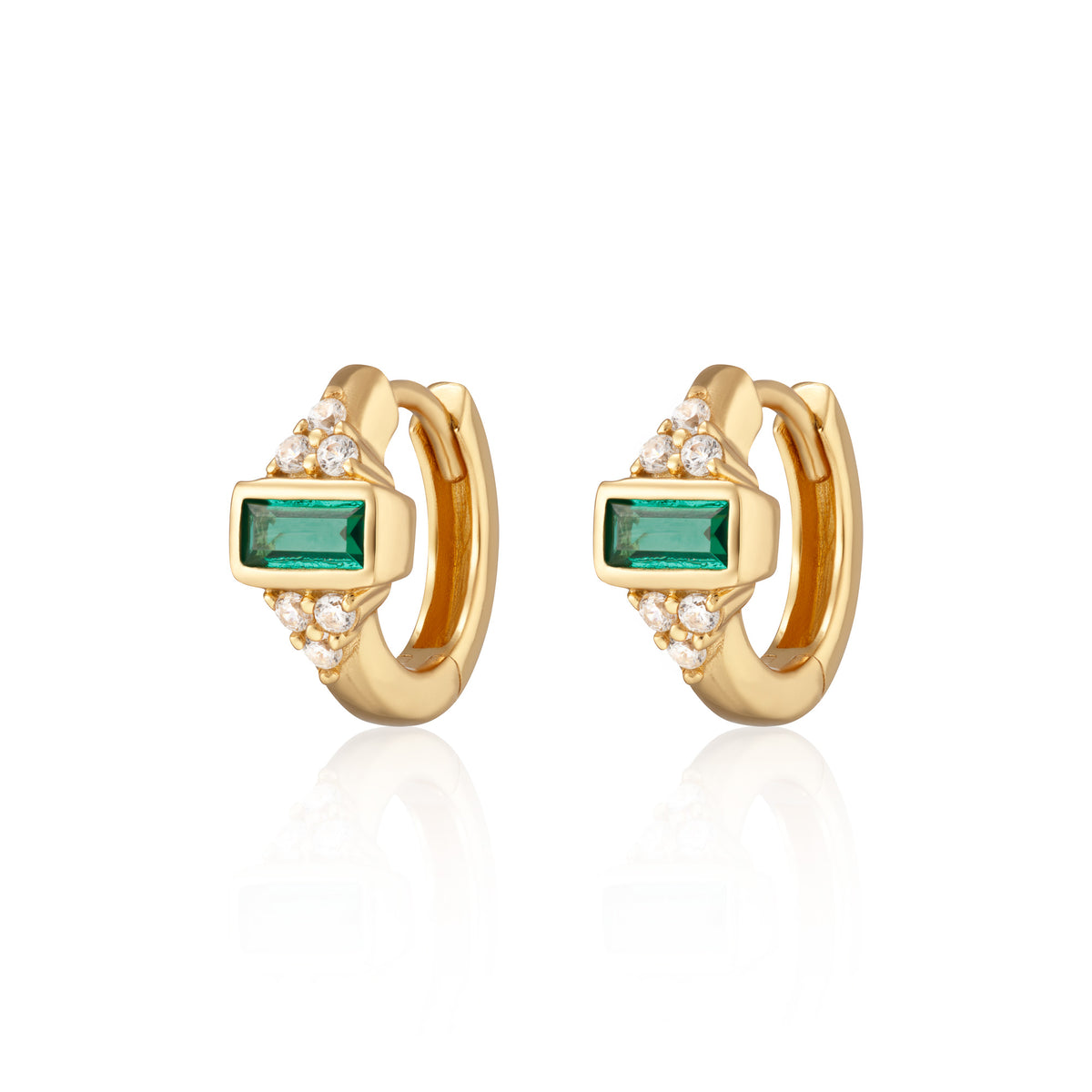 Gold Audrey Huggie Earrings with Green Stones