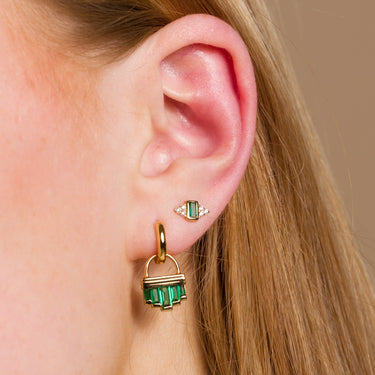 Woman Wearing Gold Audrey Stud Earrings | Emerald Green Stone Stud Earrings