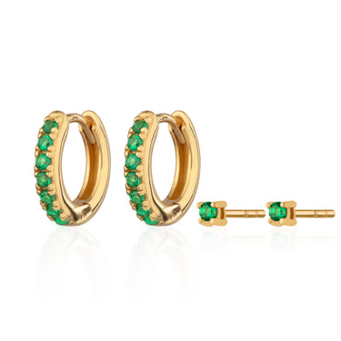 Green Stone Huggie and Tiny Stud Earring Set | Stacking Set for 4 Holes | Scream Pretty