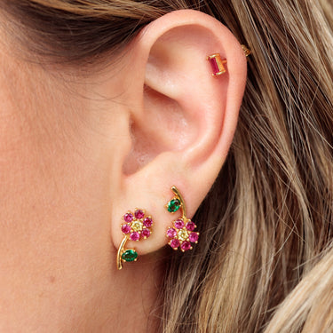 Hannah Martin Wearing Mismatched Flower Stud Earrings in Gold | Colourful Flower Stud Earrings