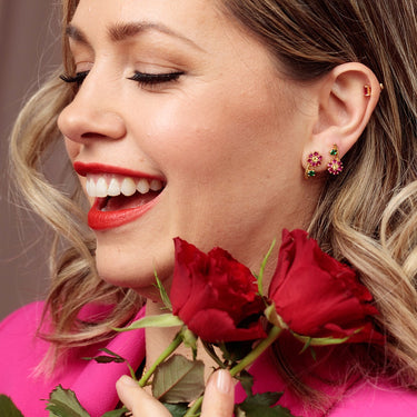 Hannah Marin Wearing Mismatched Flower Stud Earrings in Gold | Colourful Flower Stud Earrings