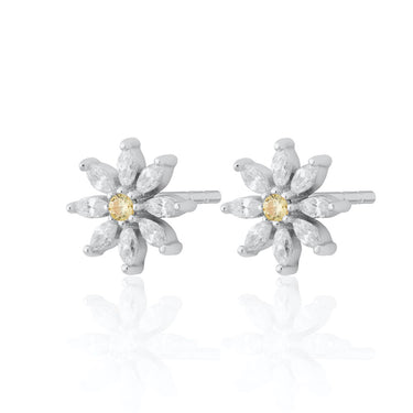 Silver Sparkling Flower Stud Earrings | Clear Stone Flower Studs