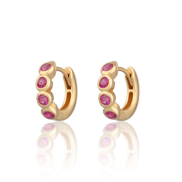 Bezel Huggie Earrings with Ruby Pink Stones Gold Plated Earrings by Scream Pretty