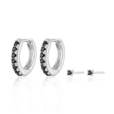Black Stone Huggie and Tiny Stud Set of Earrings Sterling Silver Earring Set by Scream Pretty