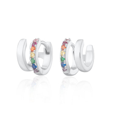 Mismatched Double Huggies with Rainbow Stones | Twin Small Hoop Earrings by Scream Pretty