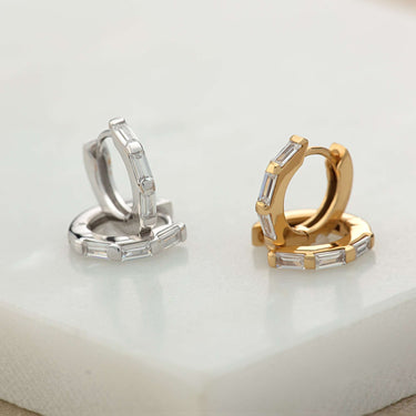 Silver and Gold Baguette Huggie Earrings   