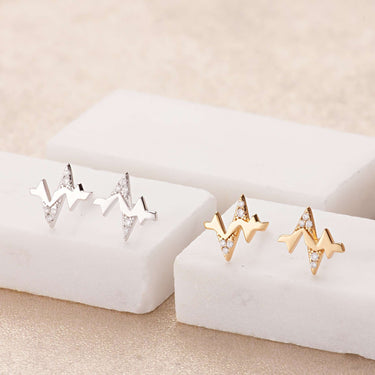 Silver & Gold Heartbeat Stud Earrings with Clear Stones