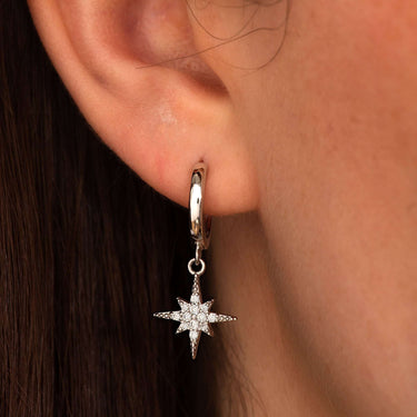 Sterling Silver Star CZ Medium Fashion Hoop Earrings 0.63